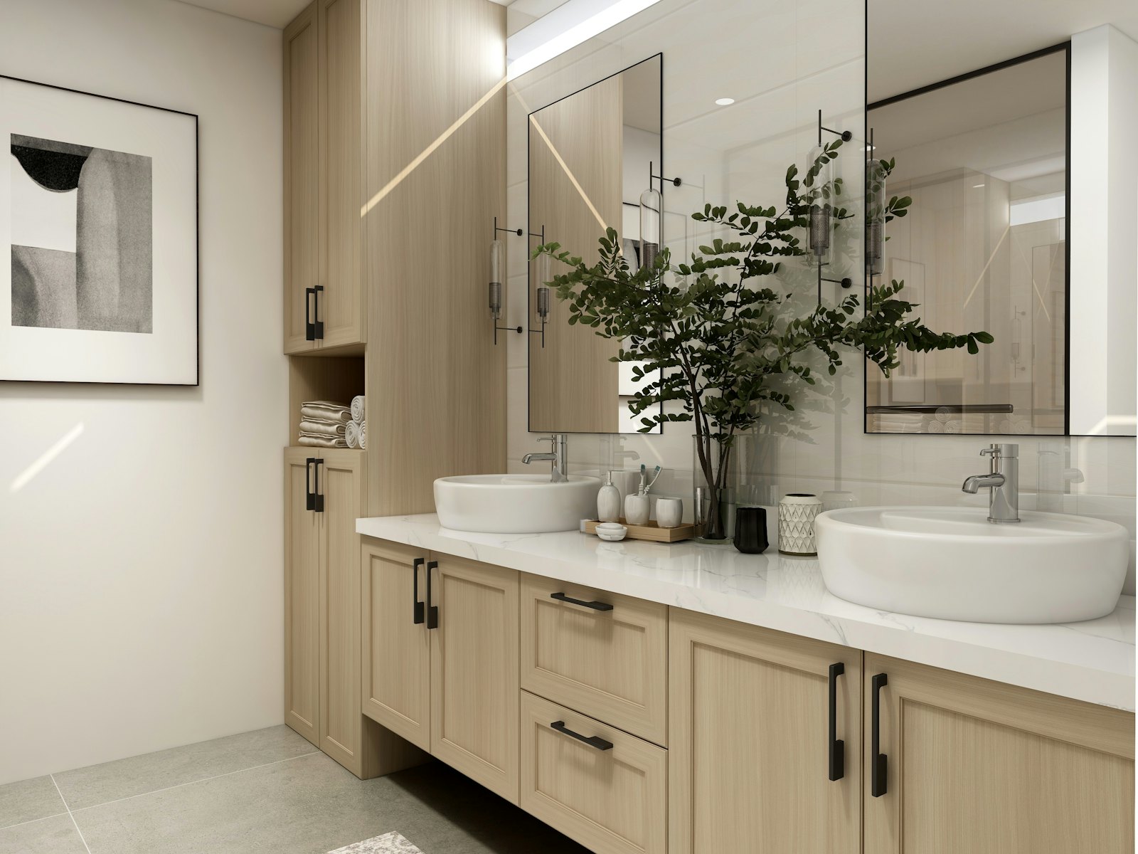 Cream twin vanity with integrated basins