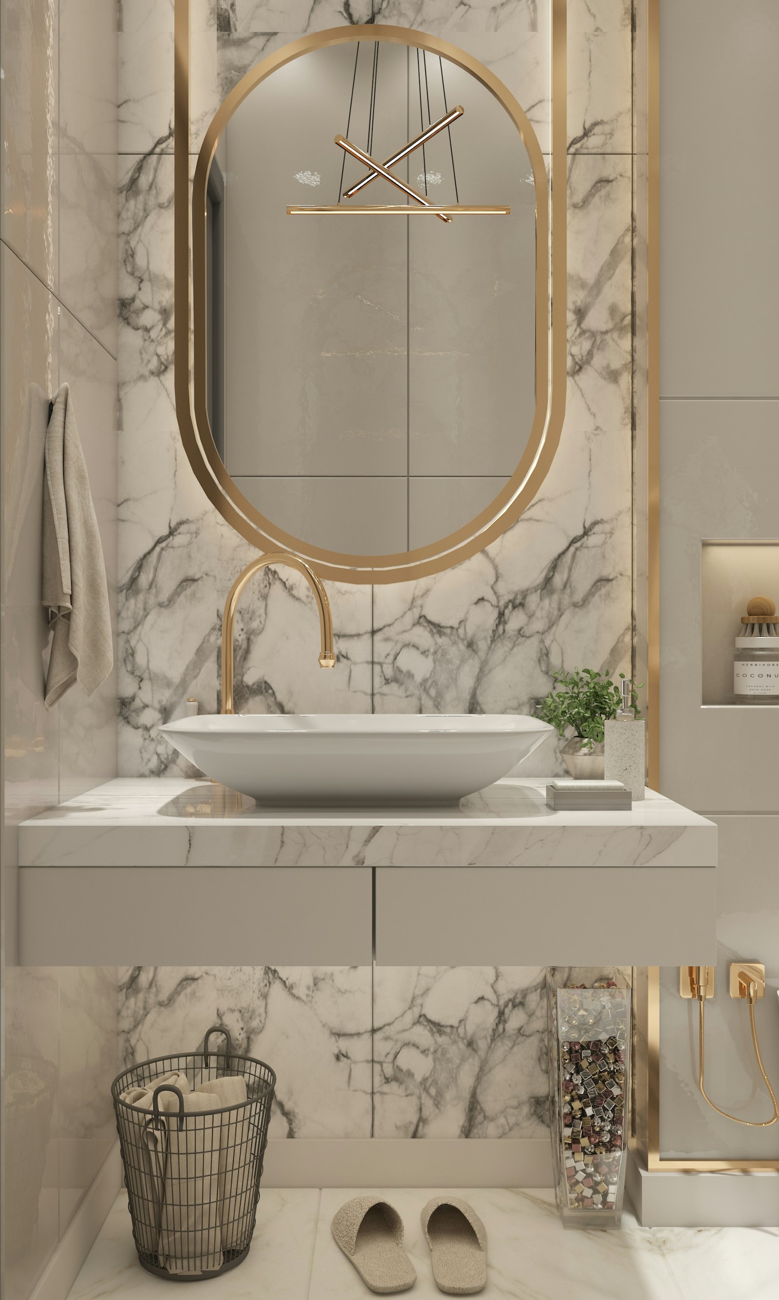 Marble vessel basin with a brushed brass wall spout